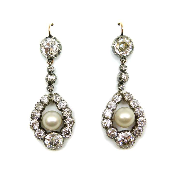 Pair of Victorian diamond and pearl pendant earrings